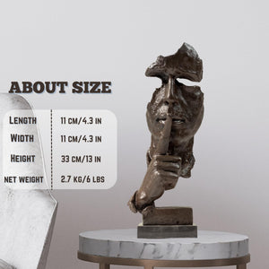 Silence is Gold abstract thinker bronze sculpture size chart showing 13-inch height and weight