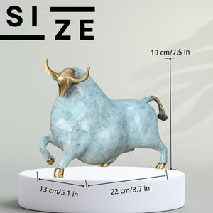 Handcrafted sky blue enamel bull sculpture with solid brass base.
