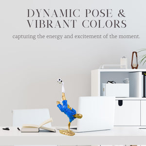 Dynamic pose and vibrant colors of gold jersey soccer bicycle kick player sculpture