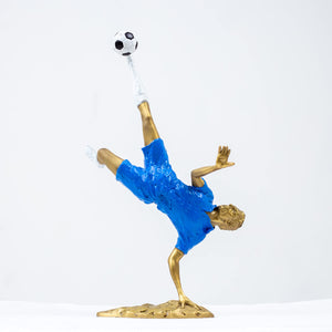 12-inch soccer player bicycle kick statue gold jersey and blue shorts front view