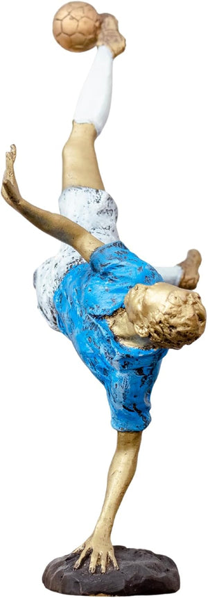 Left angle view of bronze and azure soccer player bicycle kick sculpture