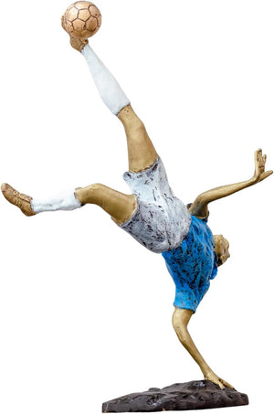 Right angle view of soccer player overhead kick athlete figurine in blue jersey