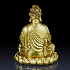 Brass Buddha statue about size chart showing front and side views with height and weight specifications