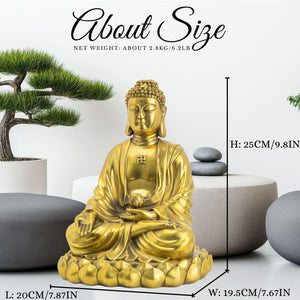 Brass Buddha statue size reference in living room scene showing 10 inch scale in home setting