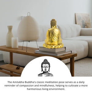 Solid brass Buddha statue on coffee table beside woman meditating in zen home environment
