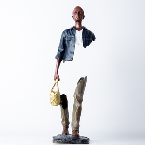 Front view of the 22-inch traveler bronze sculpture featuring a hand-painted deep navy jacket.