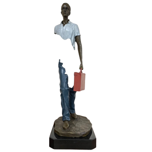 Large 63cm Standing Voyageur bronze sculpture with a stone greyish white jacket and red bag.