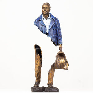23.6 inch Standing Voyageur bronze statue with arctic blue jacket and weekend bag