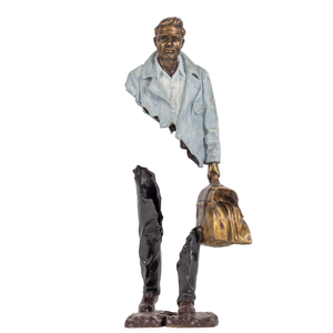 23.6 inch Standing Voyageur bronze statue with greyish white jacket and weekend bag.