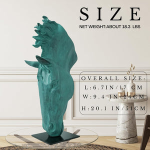 Still Water horse head bronze sculpture emerald verdigris patina size chart showing dimensions and weight