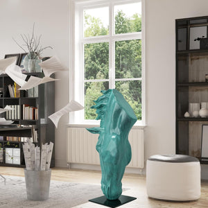 Still Water horse head bronze sculpture in emerald verdigris patina beside window and bookshelf