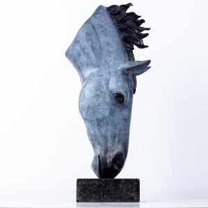 Still Water horse head bronze sculpture in black and frost patina front view on white background