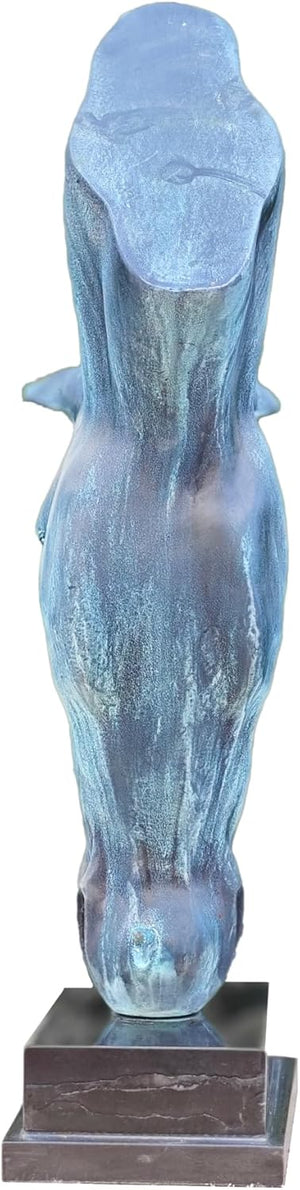 Back view of Still Water horse head bronze sculpture in ocean blue-green patina showing mane texture