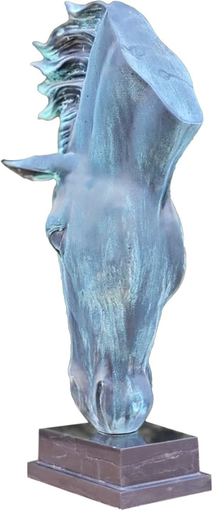Still Water horse head bronze sculpture ocean blue-green patina three-quarter angle view on marble base