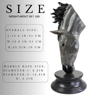 Still Water horse head bronze sculpture size chart showing dimensions and marble base measurements
