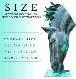 Still Water horse head bronze sculpture verdigris patina size chart showing dimensions and weight specifications