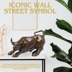 Detailed rear view of the solid brown bronze financial bull sculpture