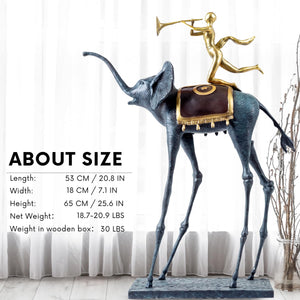 Surrealist bronze elephant statue size chart shown in garden grass setting with full dimensions