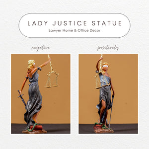 Teal Lady Justice Themis statue side view on warm brown background showing flowing robe detail