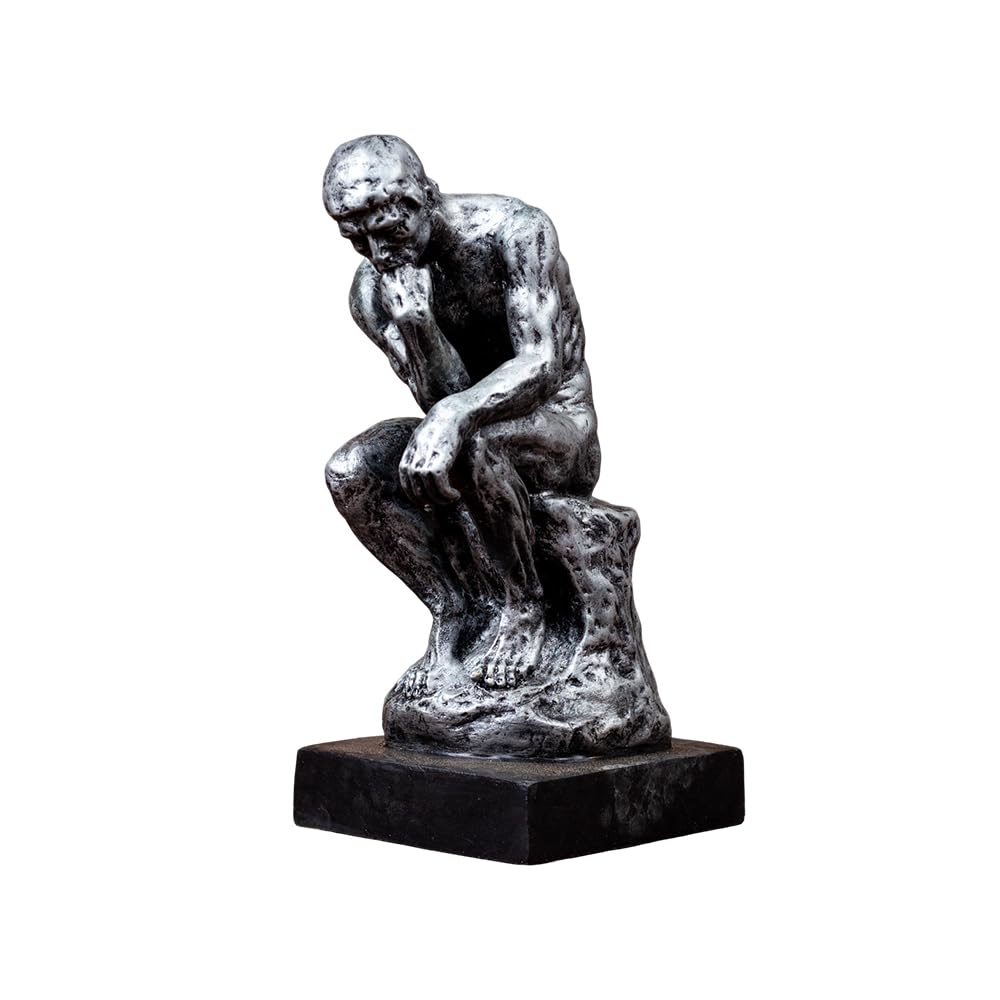 The Thinker gothic silver bronze statue front view on white background, solid bronze sculpture on black pedestal