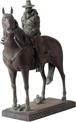 Back view of Ulysses S. Grant bronze equestrian statue showing sculptural detail of rider coat and horse