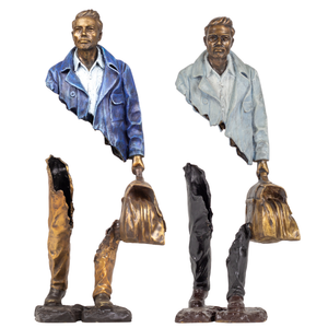 Size reference photo for the 24-inch tall standing voyageur bronze sculpture