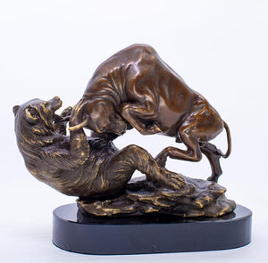 Wall Street bull and bear bronze battle sculpture, front view.