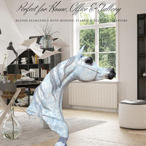 White patina bronze Arabian horse head sculpture displayed near kitchen island in modern interior setting