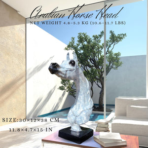 White patina bronze Arabian horse head sculpture limitless home decor displayed in poolside indoor lounge setting