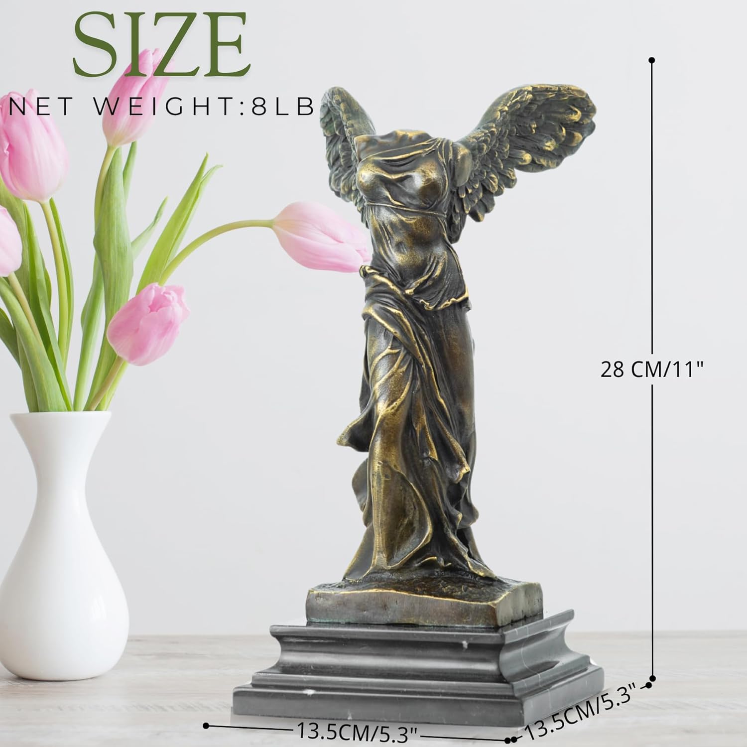 Nike Winged Victory bronze sculpture front view, solid hot-cast bronze with antique patina finish