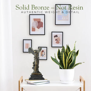 Solid bronze Winged Victory Nike sculpture comparison showing genuine bronze not resin material