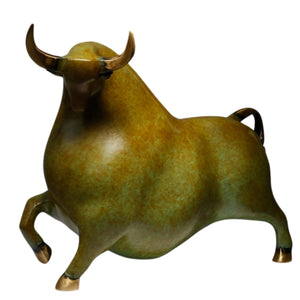 Handcrafted yellowish-green bronze bull sculpture, antique patina finish.