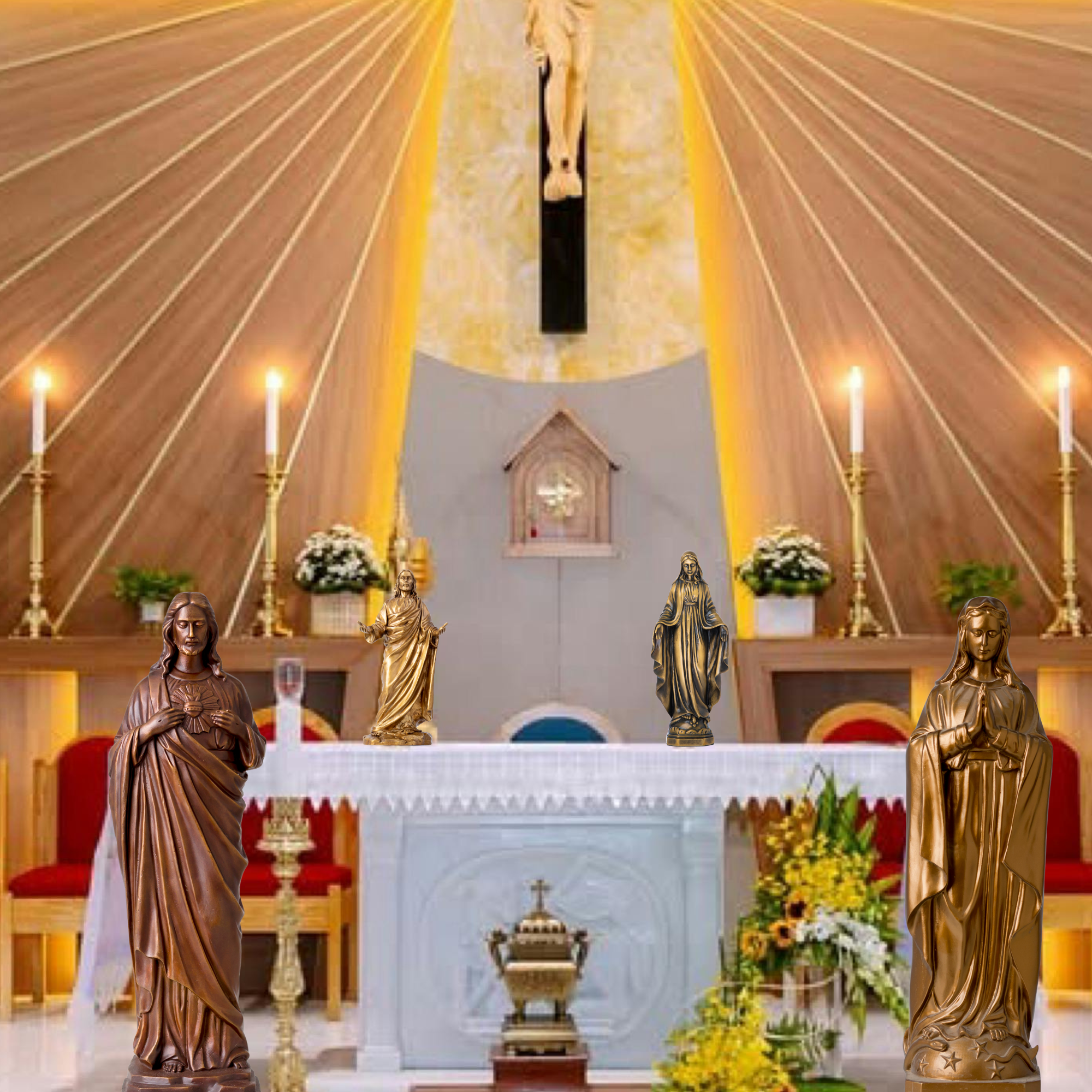 A collection of sacred Christian statues on a church altar, including a bronze Sacred Heart of Jesus and Virgin Mary figures, handcrafted for religious devotion.
