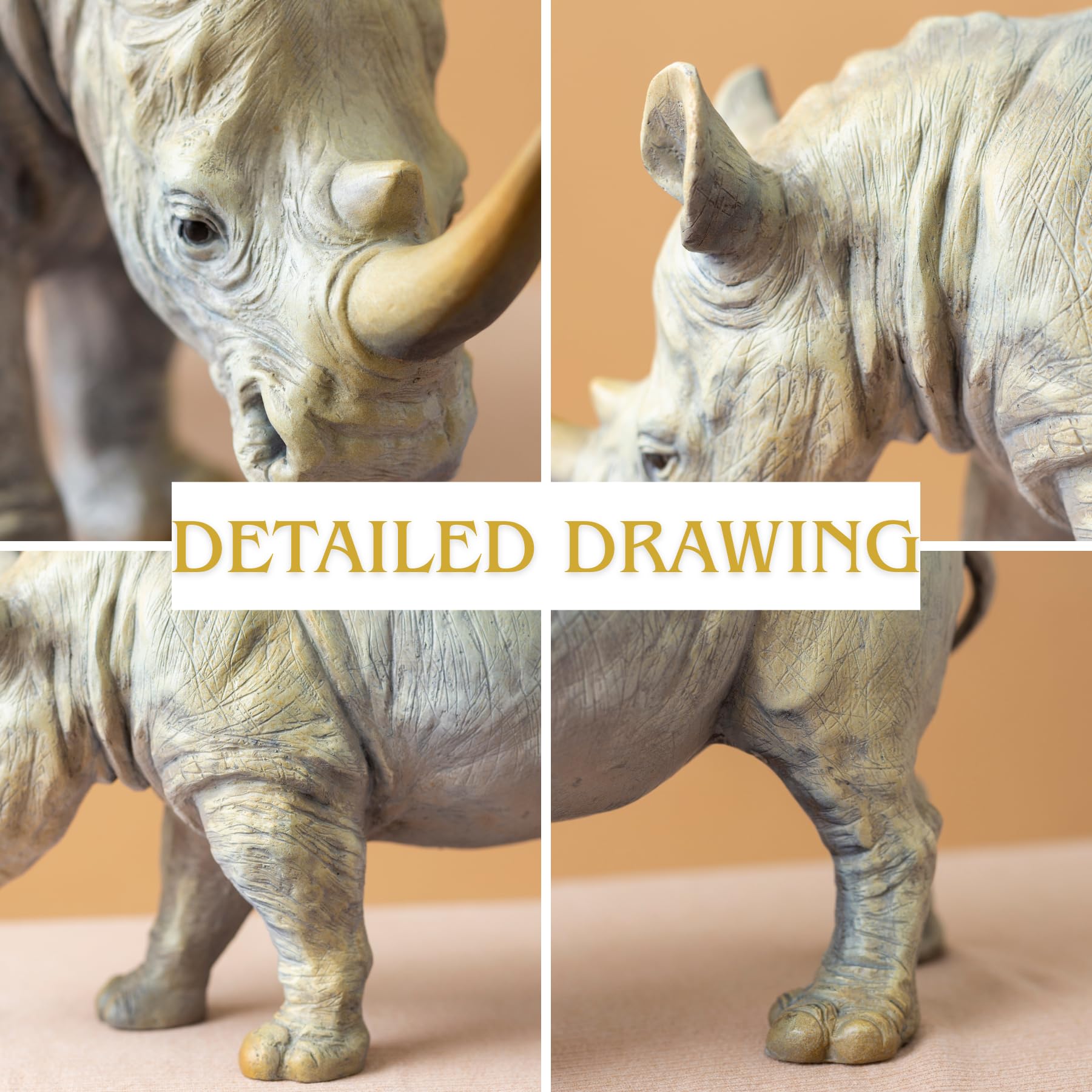 Intricate hide texture of the handcrafted solid cast white bronze rhino.