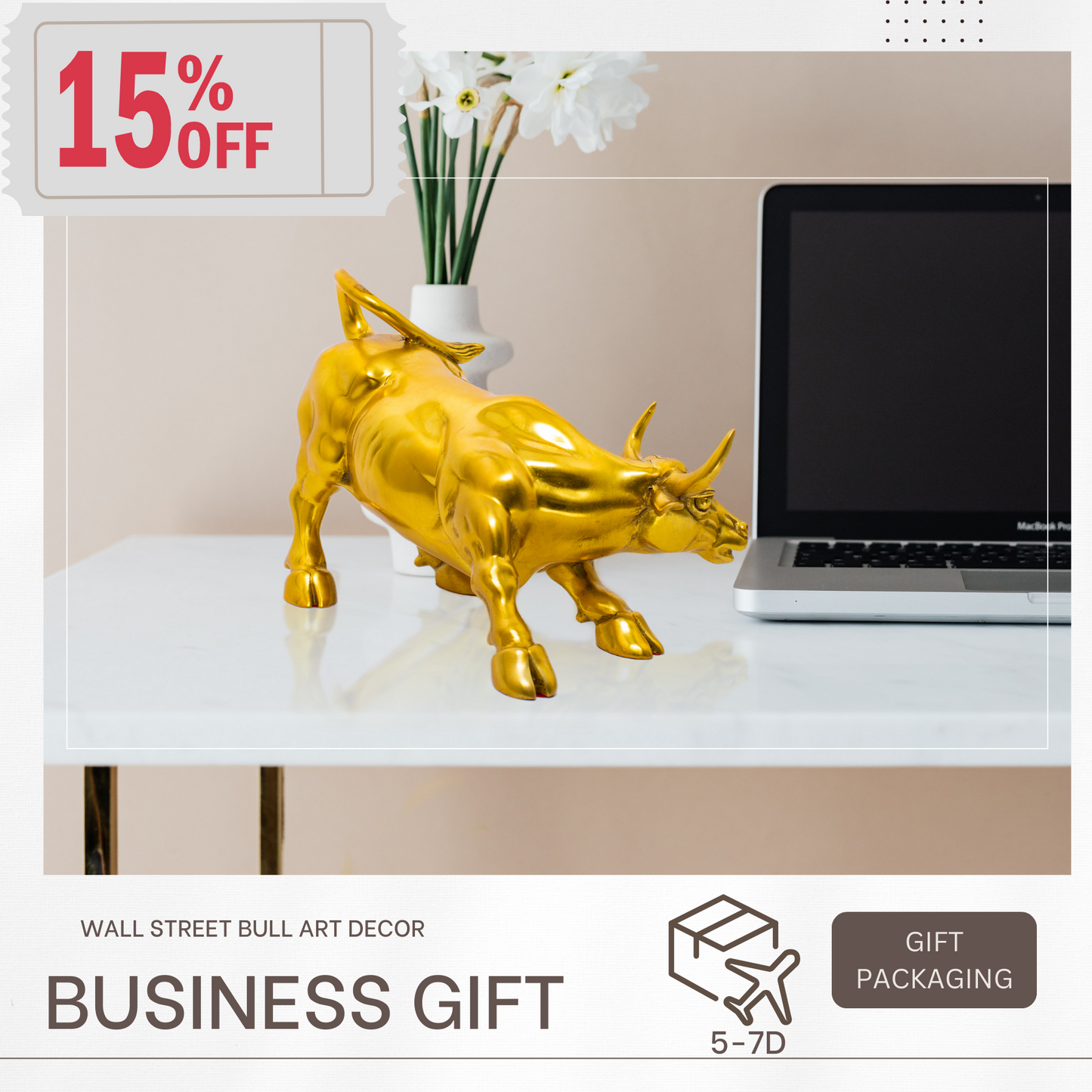 21cm Brass Gold Bull Figurine -Wall Street Bull Art Decor,Bull/Cow/Ox Figure Statues and Sculptures Home Office Decor