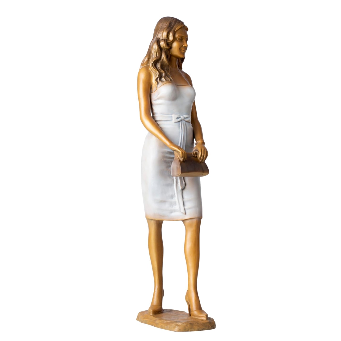 Luo Li-Rong Style Bronze Lady Sculpture – 23.6″ Elegant Woman in Short Dress & Heels with Handbag, Solid Lost-Wax Bronze Statue for Home, Office & Gift
