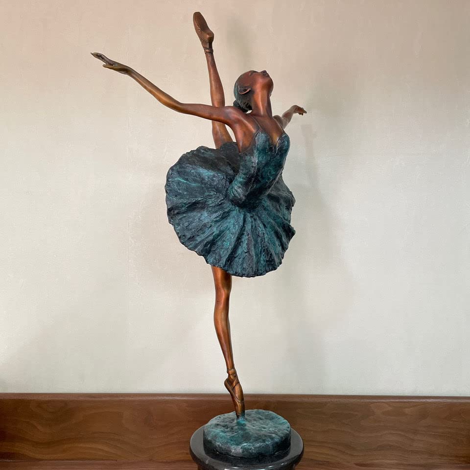 Large Bronze Ballet Dancer Statue, Graceful Ballerina Girl Sculpture Pure Bronze Casting & Natural Marble Base, Exquisite Details Handmade Art Craft for Home Office Decor