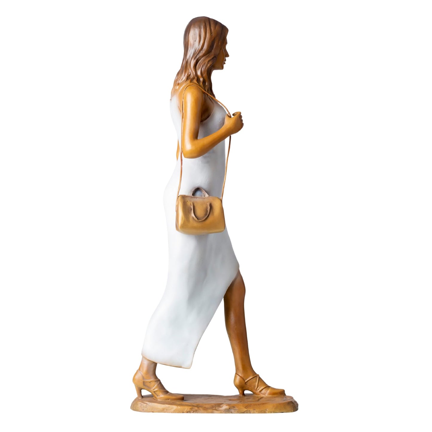 Luo Li-Rong Style Bronze Lady Sculpture – 23.6″ Elegant Woman in Strap Dress & Heels with Shoulder Bag, Solid Lost-Wax Bronze Statue for Home, Office & Art Gift