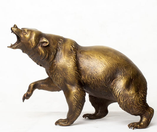 Bronze Roaring Grizzly Bear Statue – 13.4" Pure Bronze Wildlife Sculpture, Handmade with Lost-Wax Casting, Realistic Walking Bear Figurine for Home Decor, Office, Lodge, Cabin, and Collectors
