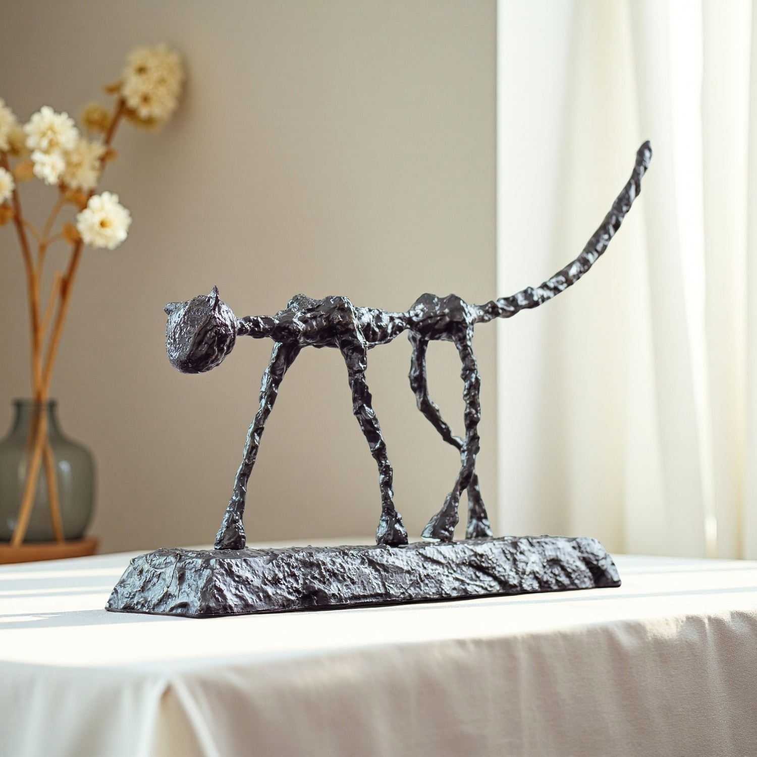 Alberto Giacometti Style Bronze Cat Sculpture – Abstract Modern Animal Statue for Home & Office Art Decor