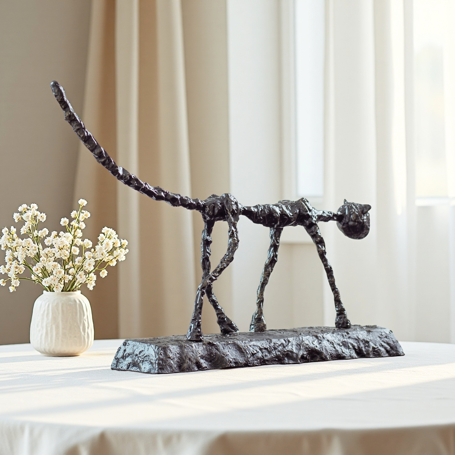 Alberto Giacometti Style Bronze Cat Sculpture – Abstract Modern Animal Statue for Home & Office Art Decor