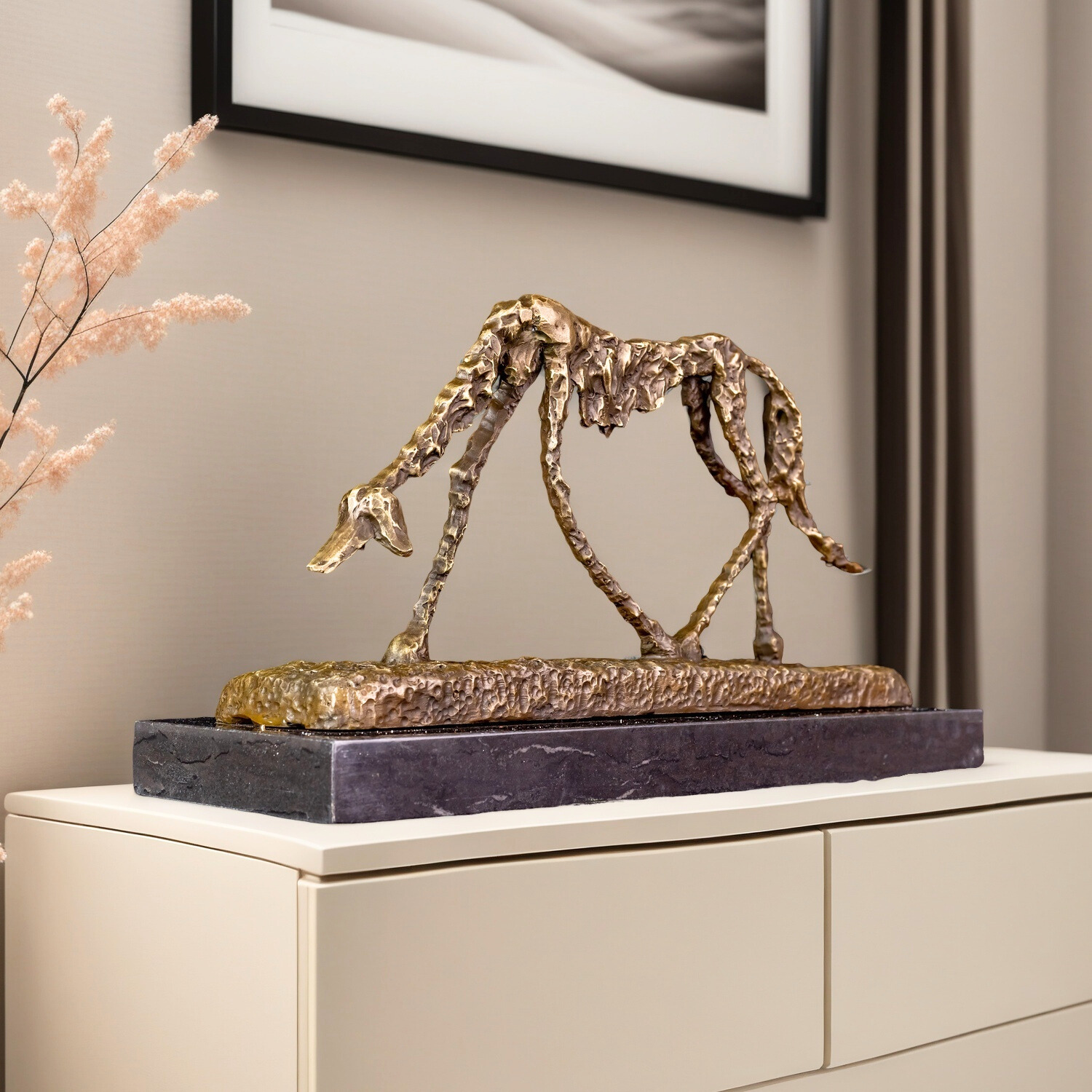 Alberto Giacometti Style Bronze Dog Sculpture with Marble Base – Abstract Modern Art Animal Statue for Home & Office Decor