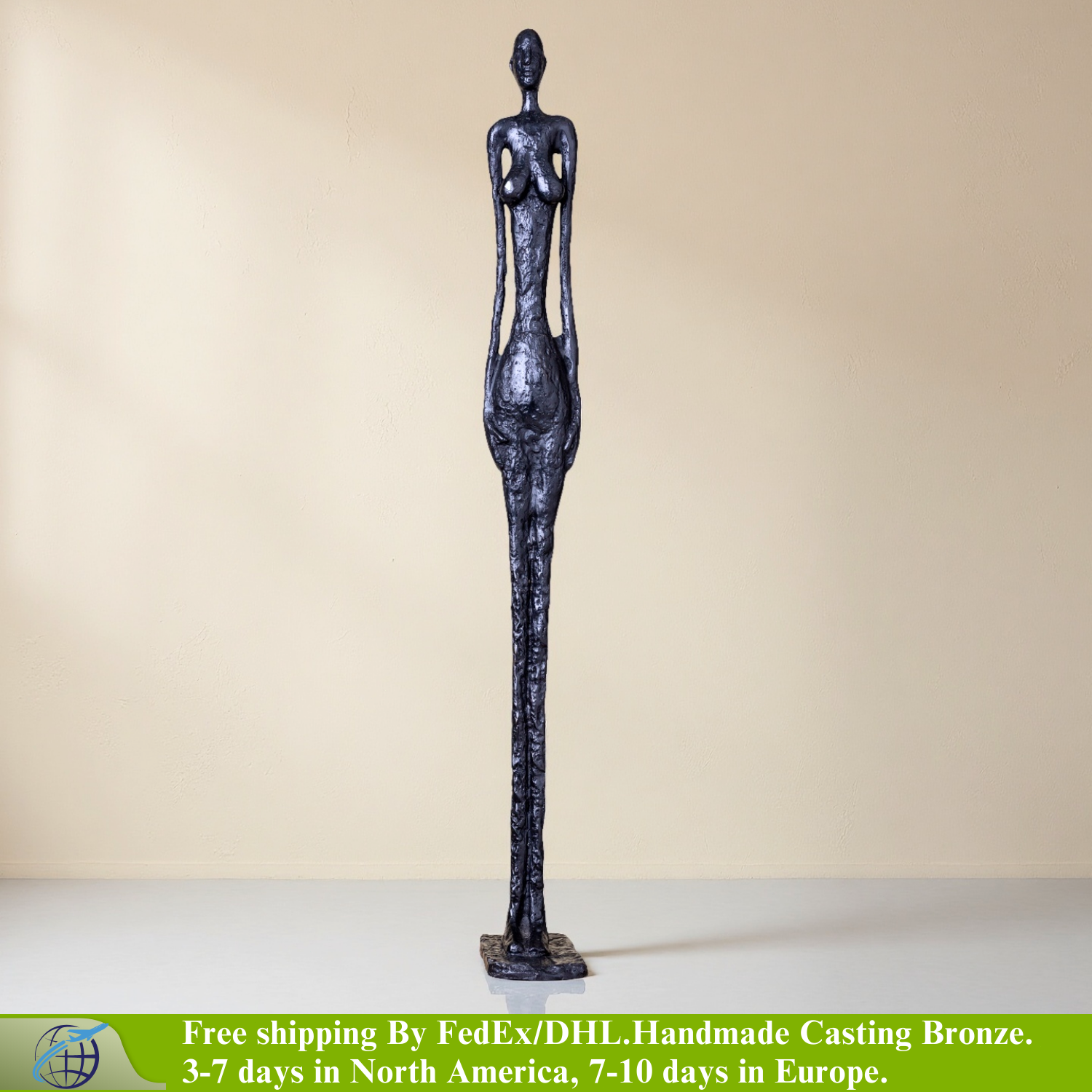 70cm Giacometti Standing Woman II Bronze Sculpture – Handmade Lost Wax Abstract Figure Statue, Modern Art Home Decor