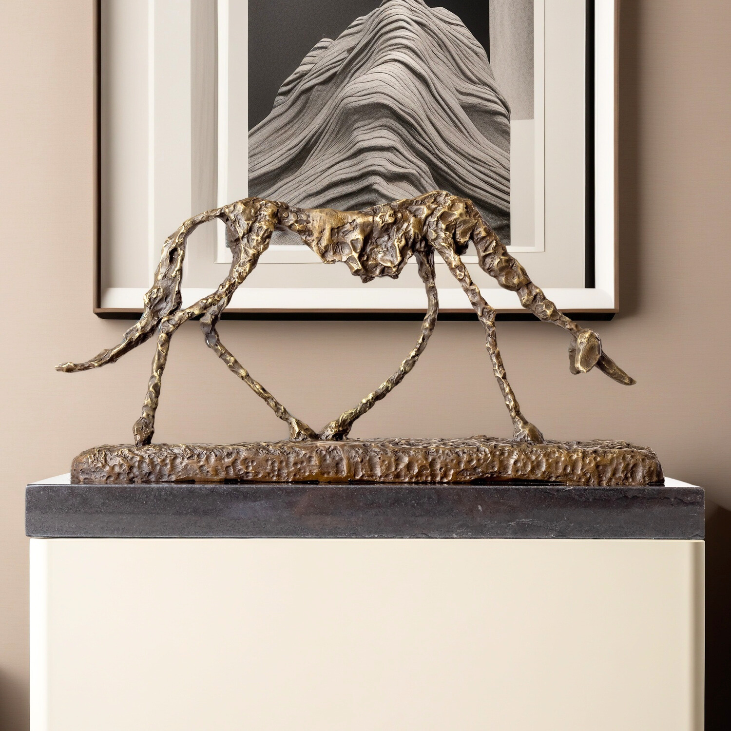 Alberto Giacometti Style Bronze Dog Sculpture with Marble Base – Abstract Modern Art Animal Statue for Home & Office Decor