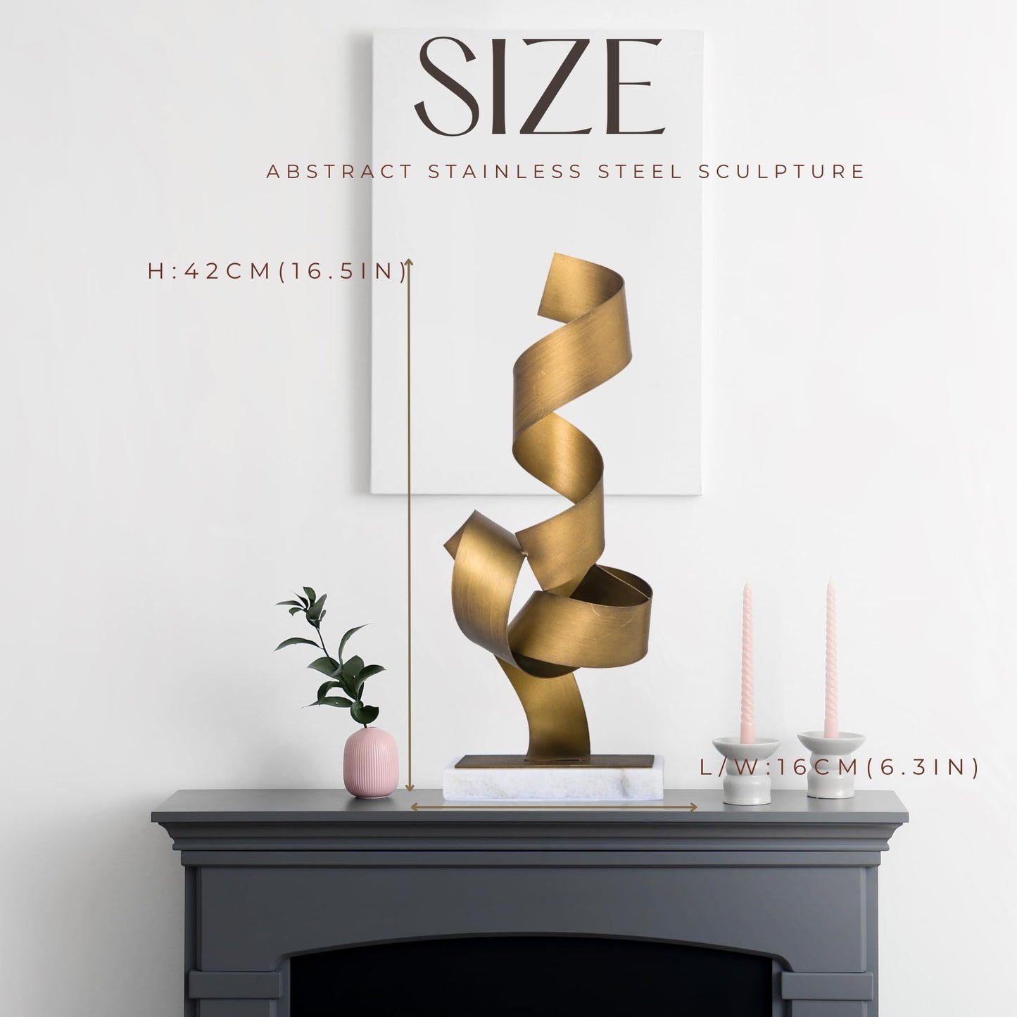 Realong Golden Metal Art Sculpture with Marble Base, 19'' Abstract Geometric Table Decor Statue Modern Collectible Figurine Home Hotel Office Gold Iron Art Sculpture Ornament