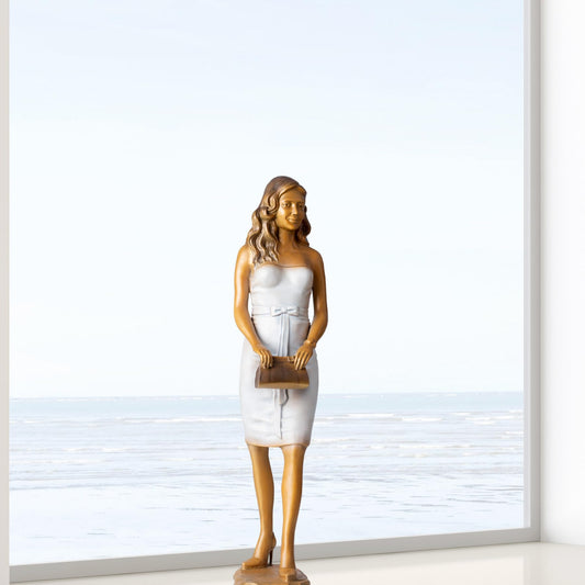 Luo Li-Rong Style Bronze Lady Sculpture – 23.6″ Elegant Woman in Short Dress & Heels with Handbag, Solid Lost-Wax Bronze Statue for Home, Office & Gift