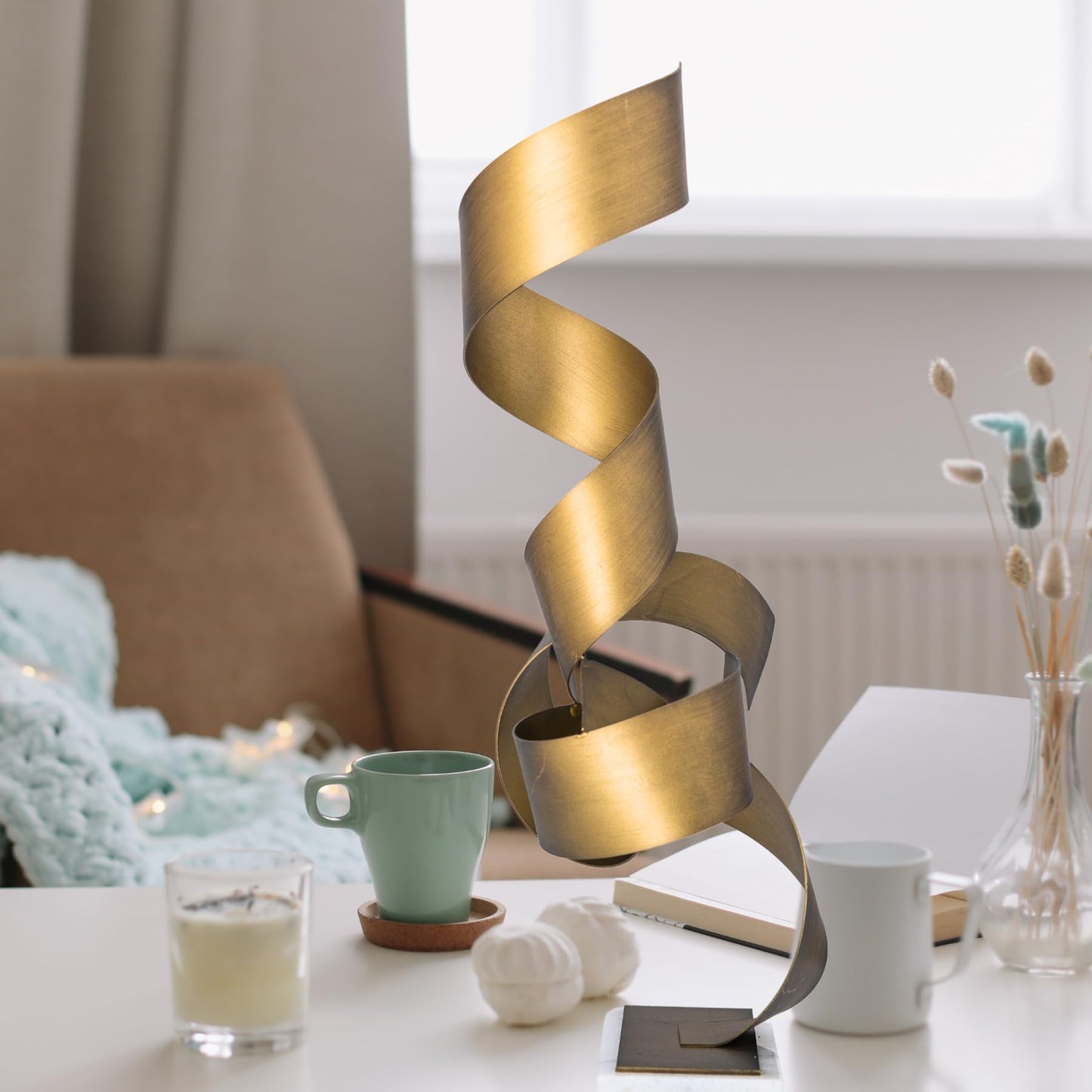 Realong Golden Metal Art Sculpture with Marble Base, 19'' Abstract Geometric Table Decor Statue Modern Collectible Figurine Home Hotel Office Gold Iron Art Sculpture Ornament