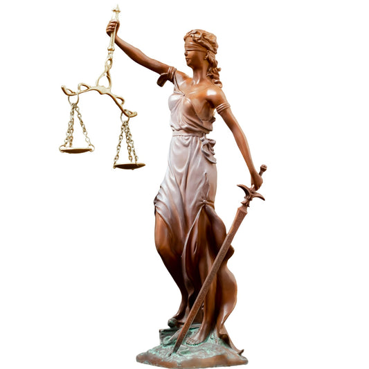R REALONG Bronze Blind Themis Justice Statue,11" Lady Justice Bronze Sculpture Law Figure Justice Statue Office Desk Barrister Gift. (Colorful White)