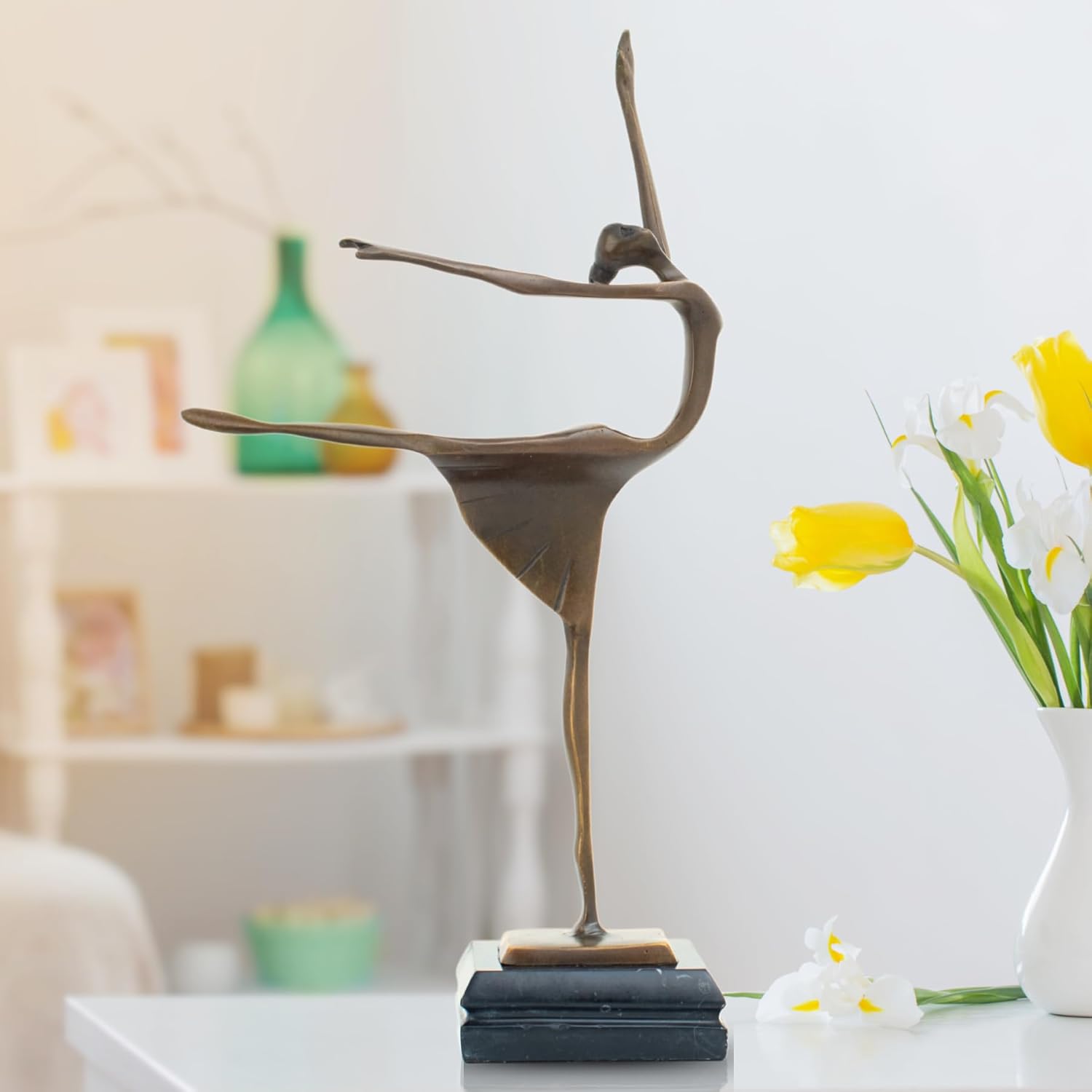 Abstract Bronze Ballerina Sculpture – 13.8” Tall Modern Dancer Statue with Marble Base – Handmade Lost-Wax Cast Bronze Figurine for Home Decor, Art Collection, Ballet Gift