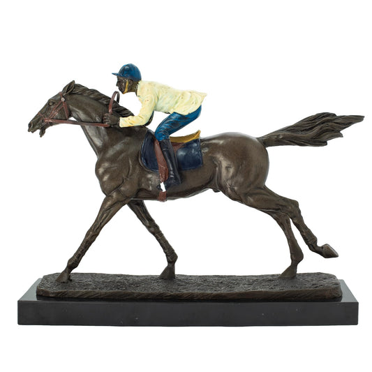 R REALONG Jockey Riding Horse Bronze Statue - Hand-Painted Equestrian Art Sculpture, Perfect for Horse Racing Enthusiasts and Home Decor, RL-TD403-3948